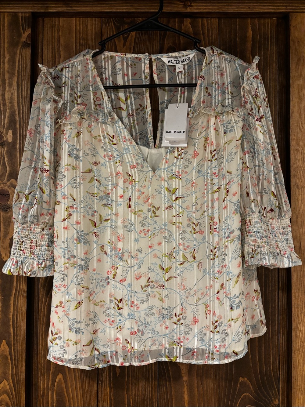 NWT Walter Baker Floral Puff Sleeve Sheer with Metallic Smocked Blouse Large